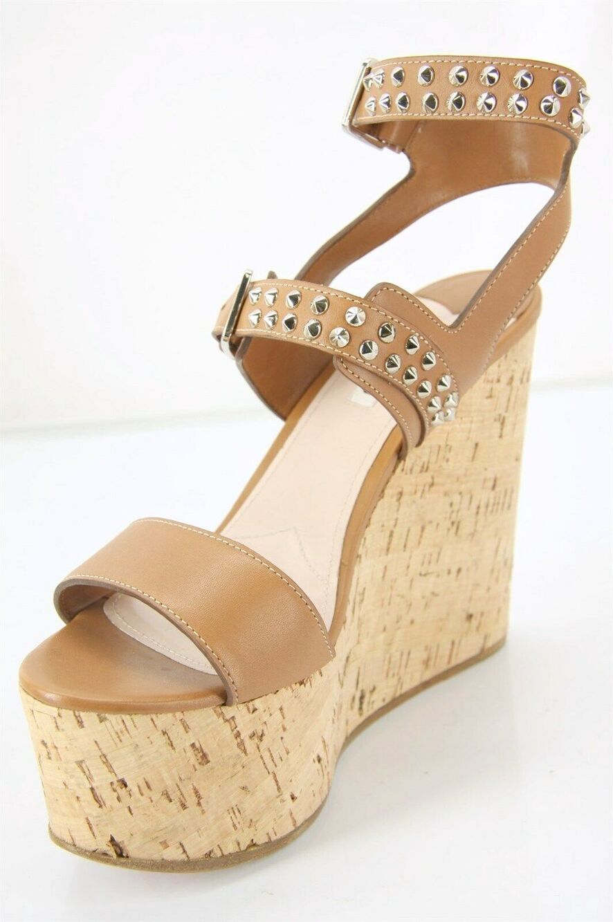 Miu Miu Brown Leather Studded Platform Wedge Sandals